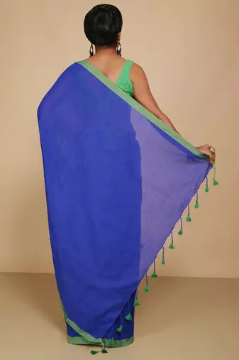 Women's Handloom Cotton Border mol mol Saree  (Blue)