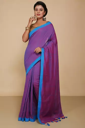 Women's Handloom Cotton Border mol mol Saree  (Red Sky)