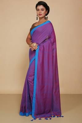 Women's Handloom Cotton Border mol mol Saree  (Red Sky) 2