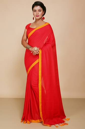 Women's Handloom Cotton Border mol mol Saree   (Red)