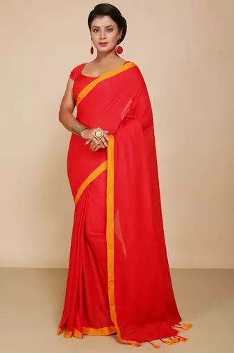 Women's Handloom Cotton Border mol mol Saree   (Red)