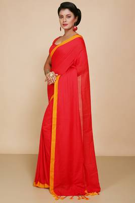 Women's Handloom Cotton Border mol mol Saree   (Red) 2