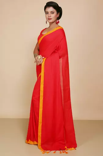 Women's Handloom Cotton Border mol mol Saree   (Red)