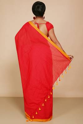 Women's Handloom Cotton Border mol mol Saree   (Red) 3