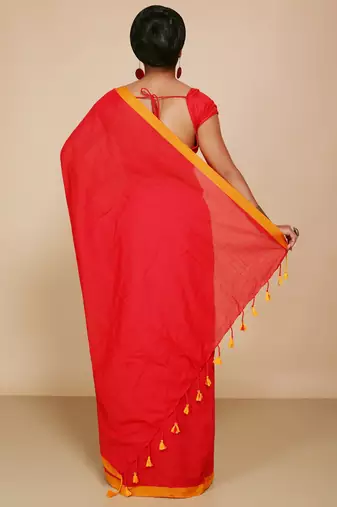 Women's Handloom Cotton Border mol mol Saree   (Red)