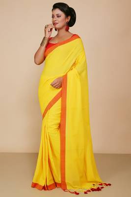 Women's Handloom Cotton Border mol mol Saree   (Yellow) 1