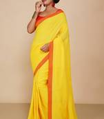 Women's Handloom Cotton Border mol mol Saree   (Yellow)