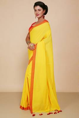 Women's Handloom Cotton Border mol mol Saree   (Yellow) 2