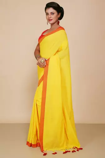 Women's Handloom Cotton Border mol mol Saree   (Yellow)