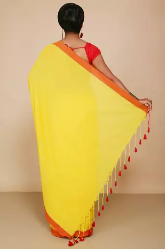 Women's Handloom Cotton Border mol mol Saree   (Yellow)