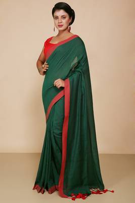 Women's Handloom Cotton Border mol mol Saree   (Green) 1