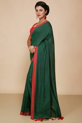 Women's Handloom Cotton Border mol mol Saree   (Green) 2