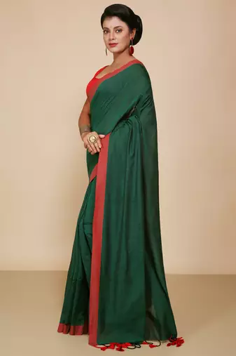 Women's Handloom Cotton Border mol mol Saree   (Green)