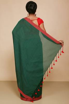 Women's Handloom Cotton Border mol mol Saree   (Green) 3