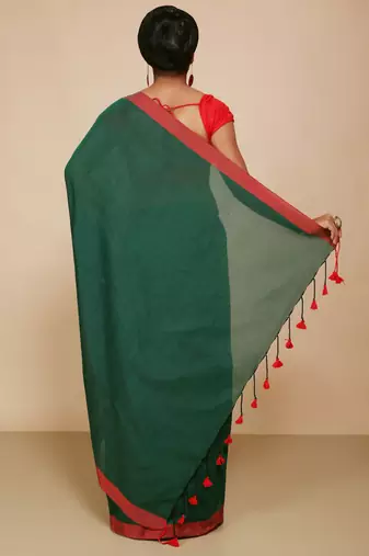 Women's Handloom Cotton Border mol mol Saree   (Green)