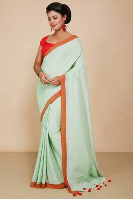 Women's Handloom Cotton Border mol mol Saree   (Light Sky) 1