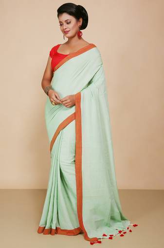 Women's Handloom Cotton Border mol mol Saree   (Light Sky)