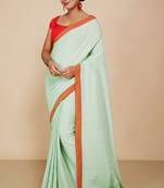 Women's Handloom Cotton Border mol mol Saree   (Light Sky)