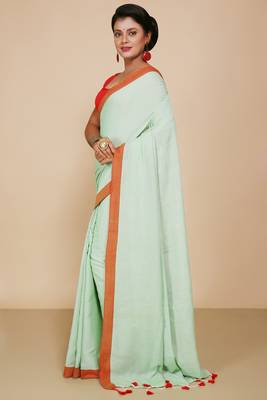 Women's Handloom Cotton Border mol mol Saree   (Light Sky) 2