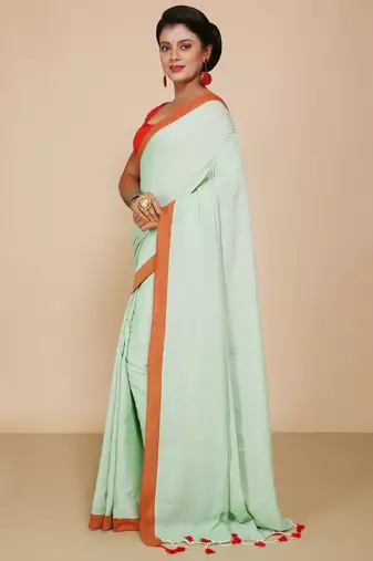 Women's Handloom Cotton Border mol mol Saree   (Light Sky)