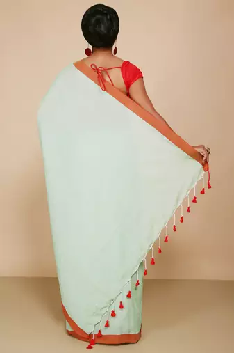 Women's Handloom Cotton Border mol mol Saree   (Light Sky)