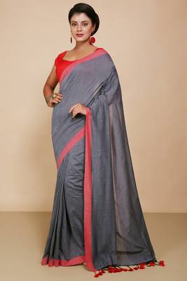 Women's Handloom Cotton Border mol mol Saree   (Black) 1