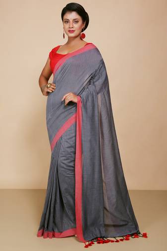 Women's Handloom Cotton Border mol mol Saree   (Black)