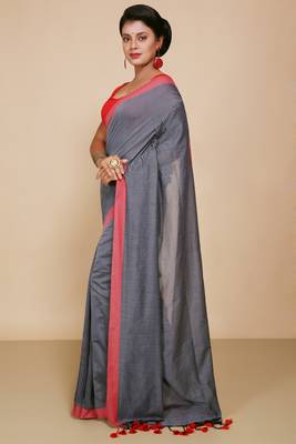 Women's Handloom Cotton Border mol mol Saree   (Black) 2