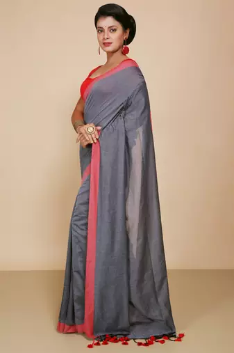 Women's Handloom Cotton Border mol mol Saree   (Black)