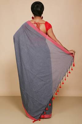 Women's Handloom Cotton Border mol mol Saree   (Black) 3
