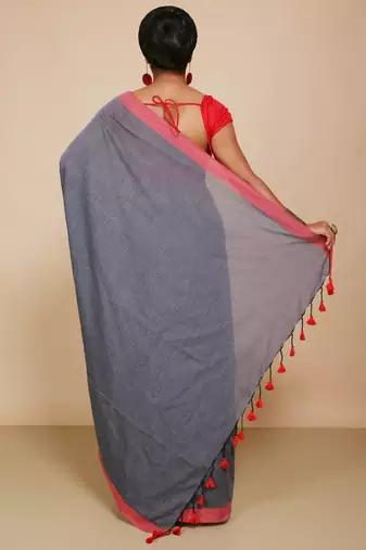 Women's Handloom Cotton Border mol mol Saree   (Black)
