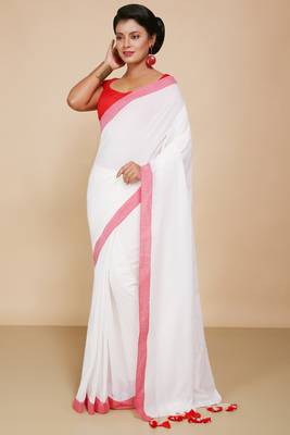 Women's Handloom Cotton Border mol mol Saree   (White) 1