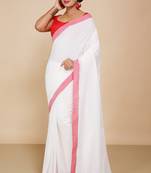Women's Handloom Cotton Border mol mol Saree   (White)