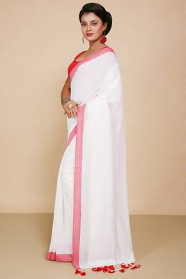 Women's Handloom Cotton Border mol mol Saree   (White) 2