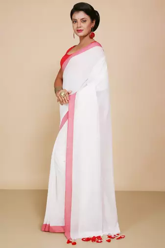 Women's Handloom Cotton Border mol mol Saree   (White)
