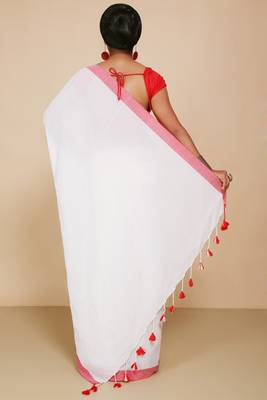 Women's Handloom Cotton Border mol mol Saree   (White) 3