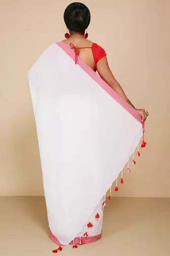 Women's Handloom Cotton Border mol mol Saree   (White)
