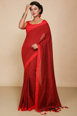 Women's Handloom Cotton Border mol mol Saree   (Maroon) 1