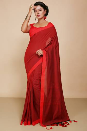 Women's Handloom Cotton Border mol mol Saree   (Maroon)