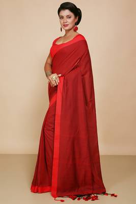 Women's Handloom Cotton Border mol mol Saree   (Maroon) 2
