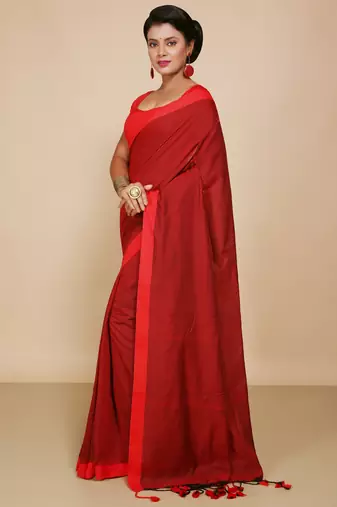 Women's Handloom Cotton Border mol mol Saree   (Maroon)
