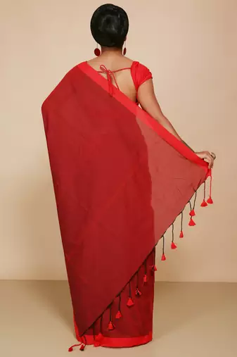 Women's Handloom Cotton Border mol mol Saree   (Maroon)