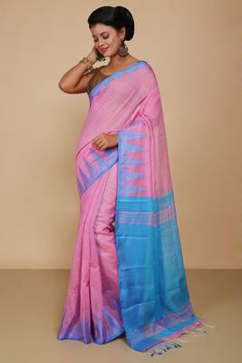 Women's Temple Boarder Silk Cotton Sarees (Pink) 1