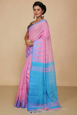 Women's Temple Boarder Silk Cotton Sarees (Pink) 2