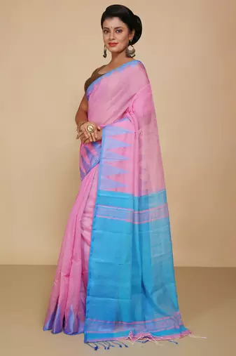Women's Temple Boarder Silk Cotton Sarees (Pink)