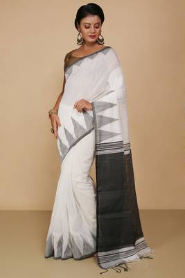 Women's Temple Boarder Silk Cotton Sarees (White) 1