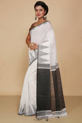 Women's Temple Boarder Silk Cotton Sarees (White) 2