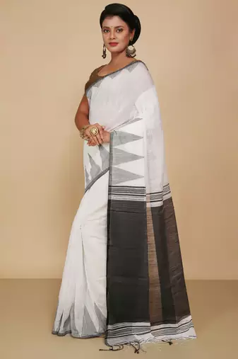 Women's Temple Boarder Silk Cotton Sarees (White)