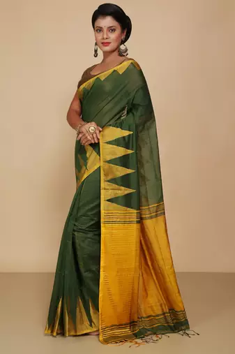 Women's Temple Boarder Silk Cotton Sarees (Pesta)