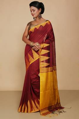 Women's Temple Boarder Silk Cotton Sarees (Maroon) 1